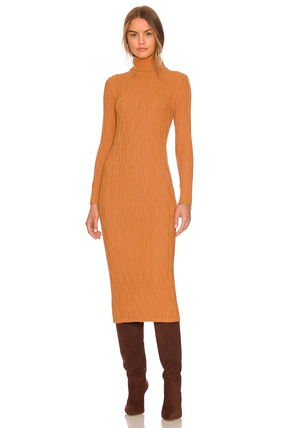 ROBE MI-LONGUE TURTLENECK CABLE Caramel 3 ROBE MI-LONGUE TURTLENECK CABLE Caramel