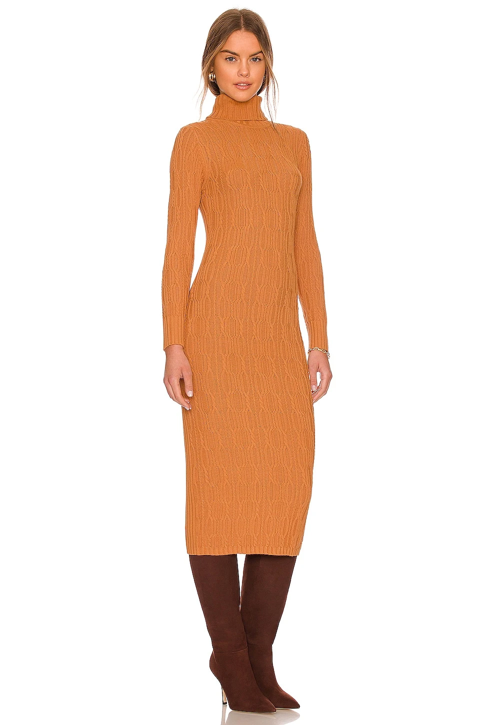 ROBE MI-LONGUE TURTLENECK CABLE Caramel 4 ROBE MI-LONGUE TURTLENECK CABLE Caramel – Image 2