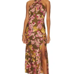 ROBE MI-LONGUE MARISSA Olive & Pink Floral